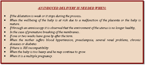 Cuadro de texto: AN INDUCED DELIVERY IS NEEDED WHEN:    •	If the dilatation is weak or it stops during the process.  •	When the wellbeing of the baby is at risk due to a malfunction of the placenta or the baby is mature..  •	If through an amnioscopy it is observed that the environment of the uterus is no longer healthy,  •	In the case of premature breaking of the membranes..  •	If one or two weeks have gone by after the term.  •	When the mother suffers blood hypertension, preeclampsia, several renal problems, chronic diseases or diabetes  •	If there is RH incompatibility  •	When the baby is too heavy and he may continue to grow.  •	When it is a multiple pregnancy.    