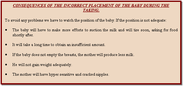 Cuadro de texto: CONSEQUENCES OF THE INCORRECT PLACEMENT OF THE BABY DURING THE TAKING.    To avoid any problems we have to watch the position of the baby. If the position is not adequate:    •	The baby will have to make more efforts to suction the milk and will tire soon, asking for food shortly after.    •	It will take a long time to obtain an insufficient amount.    •	If the baby does not empty the breasts, the mother will produce less milk.    •	He will not gain weight adequately.    •	The mother will have hyper sensitive and cracked nipples.    